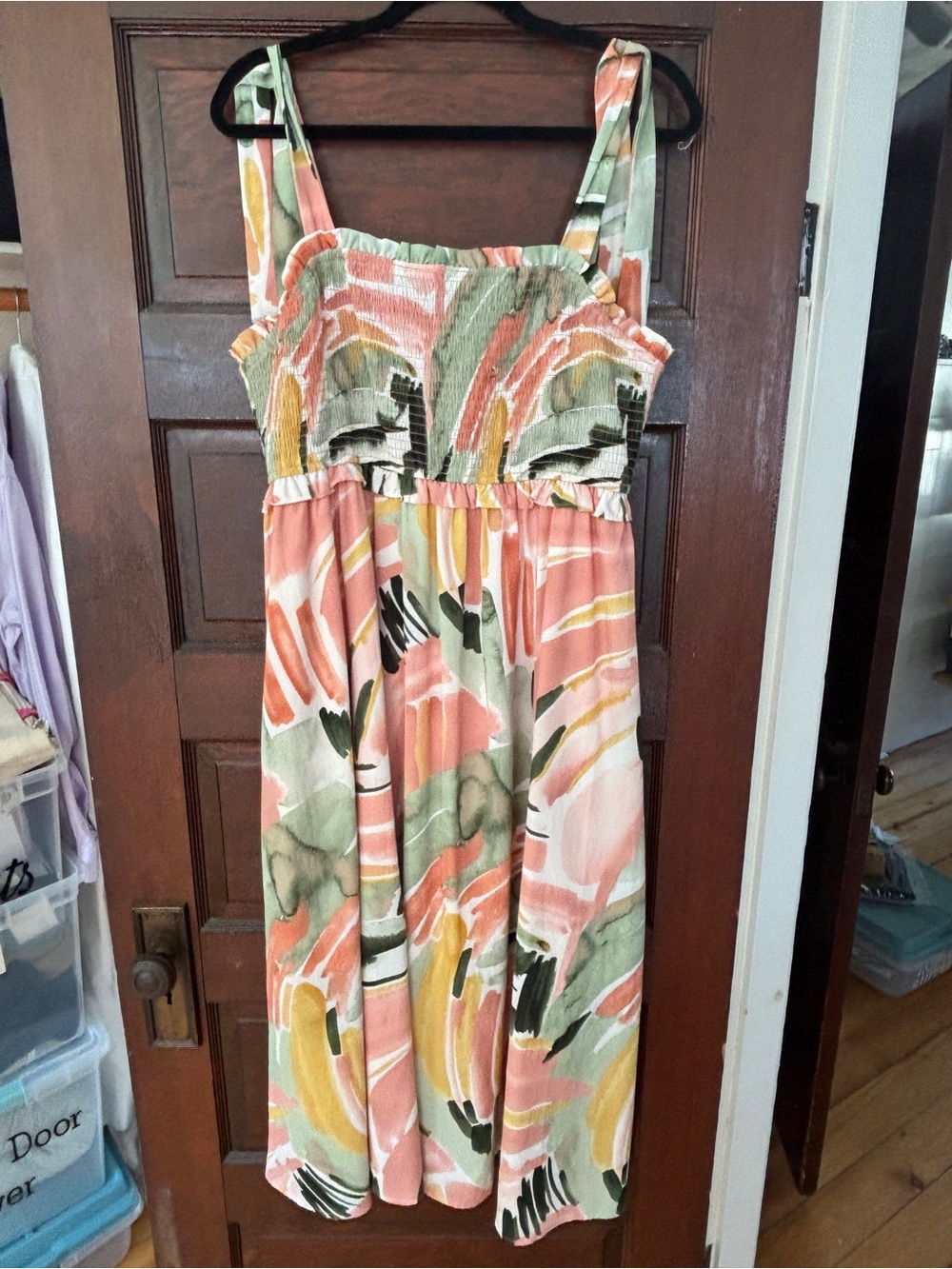 JODIFL Coral, Green & Yellow Abstract Midi Dress
